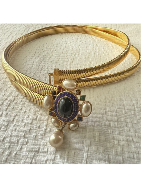 Judith Leiber Gold Tone Double Strand Multi Semi Precious Jewel Stones Belt main image 6